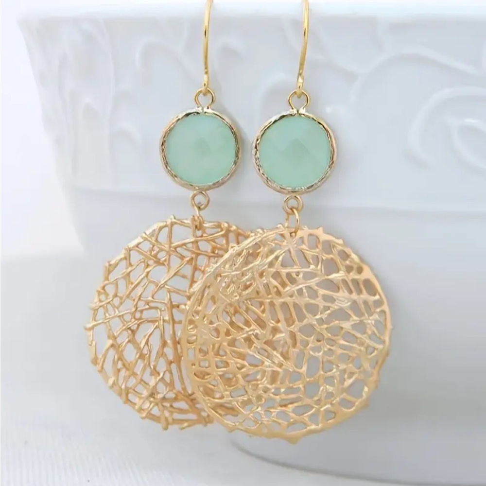 Chic Gold and Mint Green Stone Dangle Earrings - Picture 6 of 6